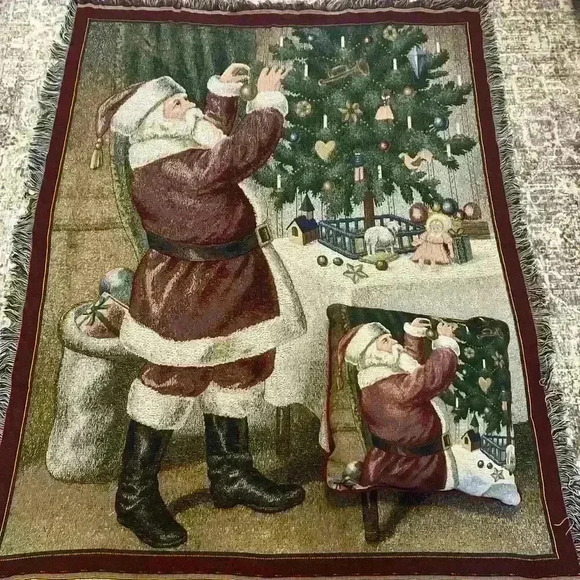 Christmas Holiday Fringe Throw Blanket Tapestry Santa VINTAGE Matching Pillow - Picture 1 of 5